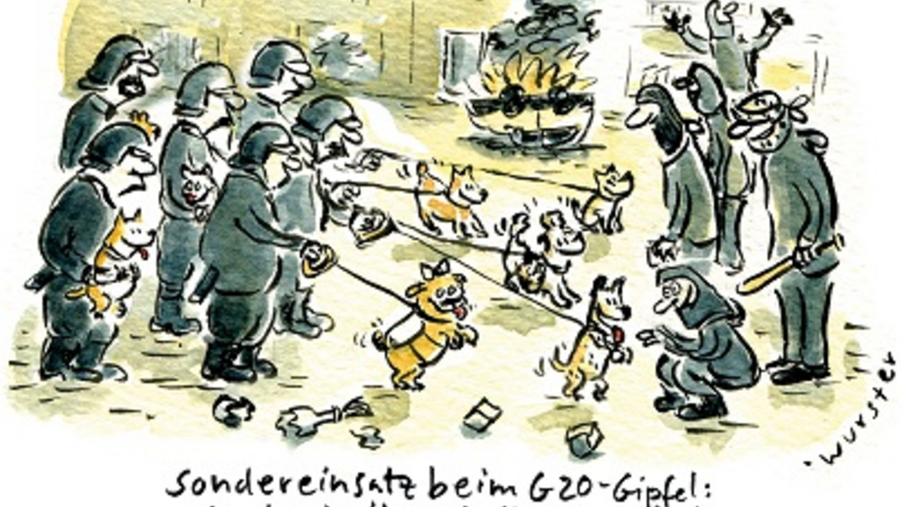 Adobe Photoshop PDF 1. Preis in der Kategorie Karikaturen für die Karikatur von Miriam Wurster. Ihre Karikatur zeigt mit einer „deeskalierenden Hunde-Staffel“ kreative Wege einer sympathischen Deeskalations-Strategie der Polizei.