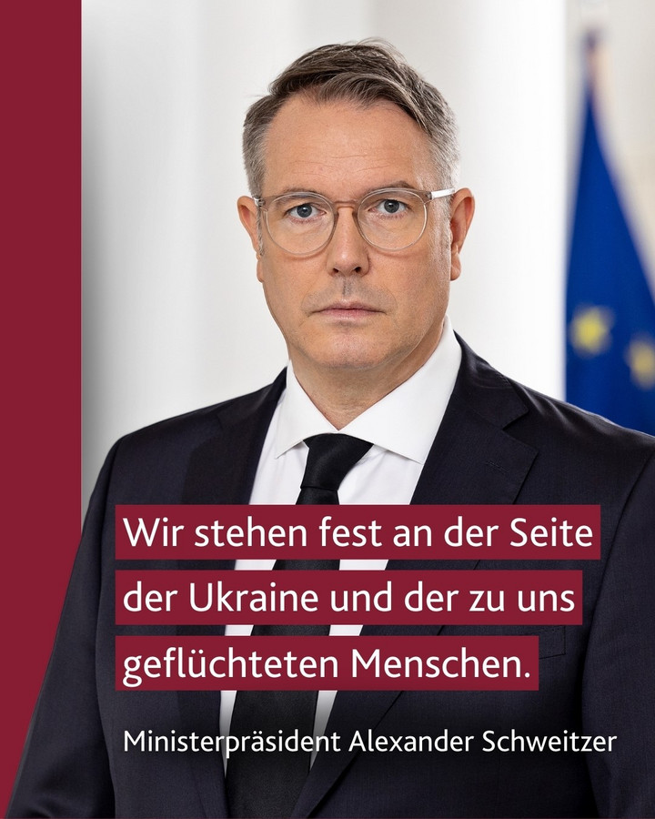 Ministerpräsident Alexander Schweitzer zu 1.000 Tagen Krieg in der Ukraine: "Wir stehen fest an der Seite der Ukraine und der zu uns geflüchteten Menschen."