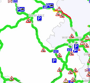Ausschnitt der Karte mit Verkehrsmeldungen auf dem Mobilitätsportal rlp.