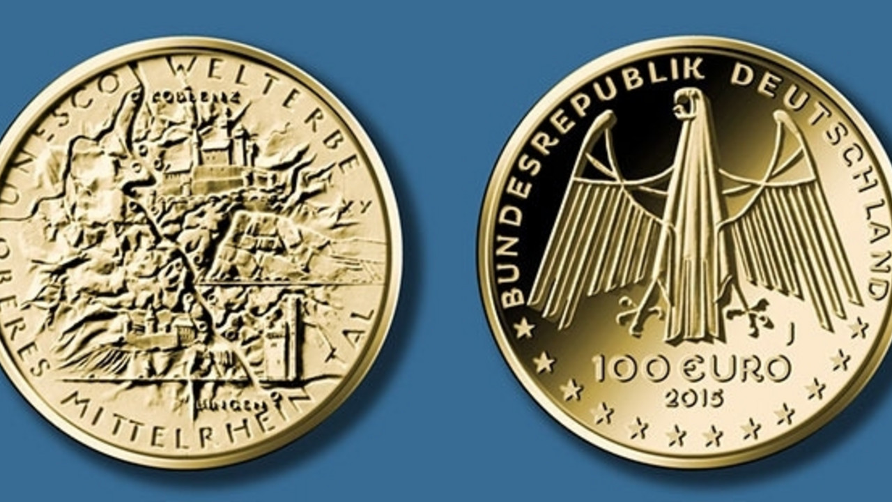Die neue 100-Euro-Goldmünze mit dem Oberen Mittelrheintal; Bild: mbwwk