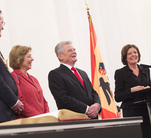 Mainzer Oberbürgermeister Michael Ebling, Daniela Schadt, Bundespräsident Joachim Gauck, Ministerpräsidentin Malu Dreyer (v.l.)