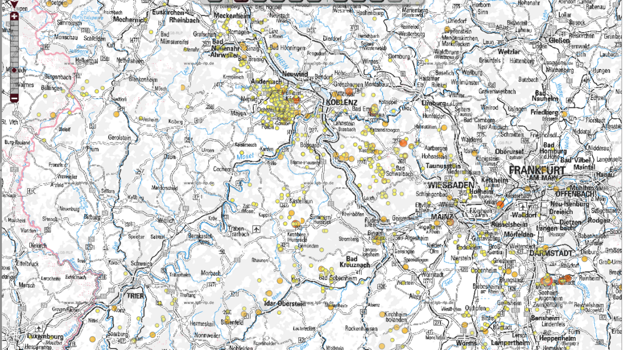 Erdbebenereignisse in einer Karte des Landesamtes für Geologie und Bergbau Rheinland-Pfalz