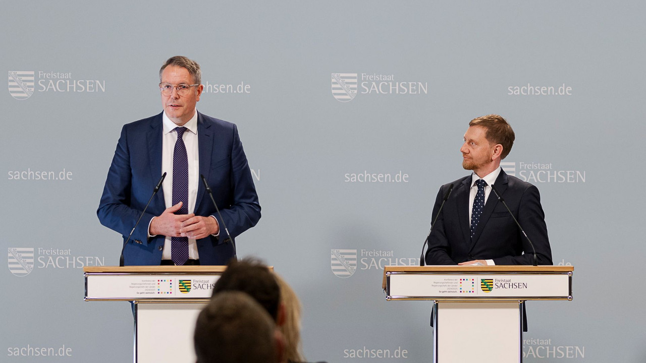 Ministerpräsident Alexander Schweitzer und Sachsens Ministerpräsident Michael Kretschmer