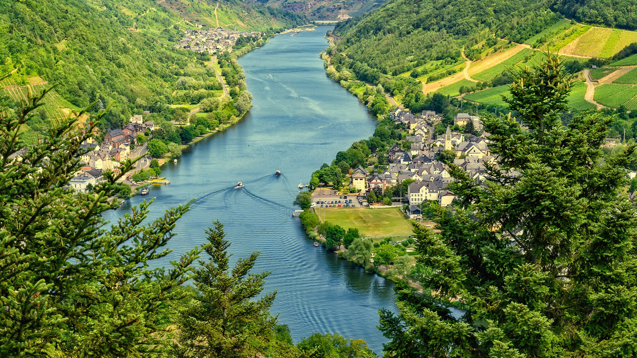 Grüne Hänge rechts und links der sonnenbschienenen Mosel.