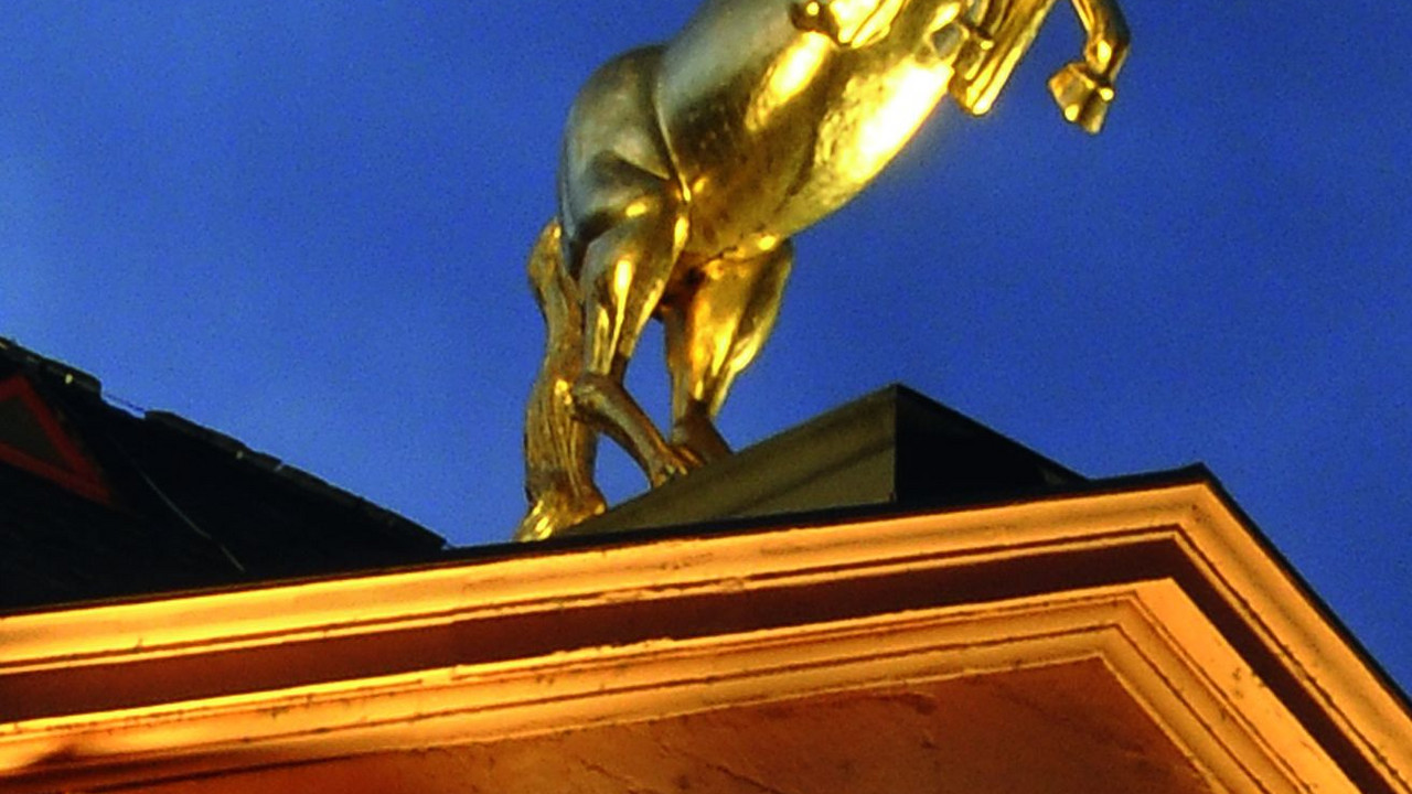 Eingang Landesmuseum mit goldenem Ross; Bild: rlp-Archiv