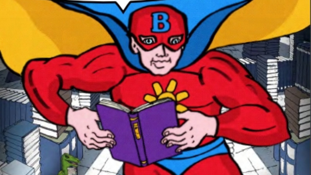 Grafik Batman mit Buch, Ausschnitt vom Flyer