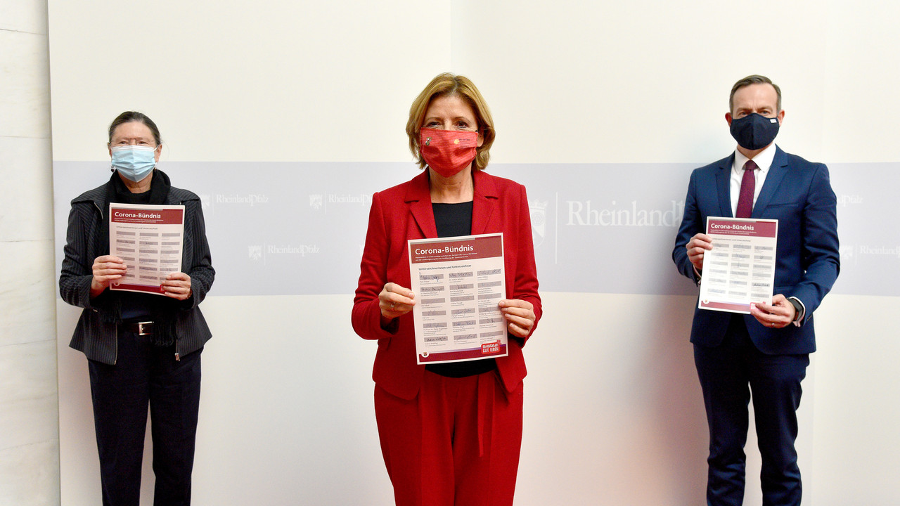 Ministerpräsidentin Malu Dreyer, Wirtschaftsminister Dr. Volker Wissing und Umweltministerin Ulrike Höfken unterzeichneten das Memorandum zum Corona-Bündnis