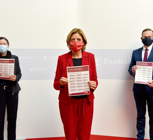 Ministerpräsidentin Malu Dreyer, Wirtschaftsminister Dr. Volker Wissing und Umweltministerin Ulrike Höfken unterzeichneten das Memorandum zum Corona-Bündnis
