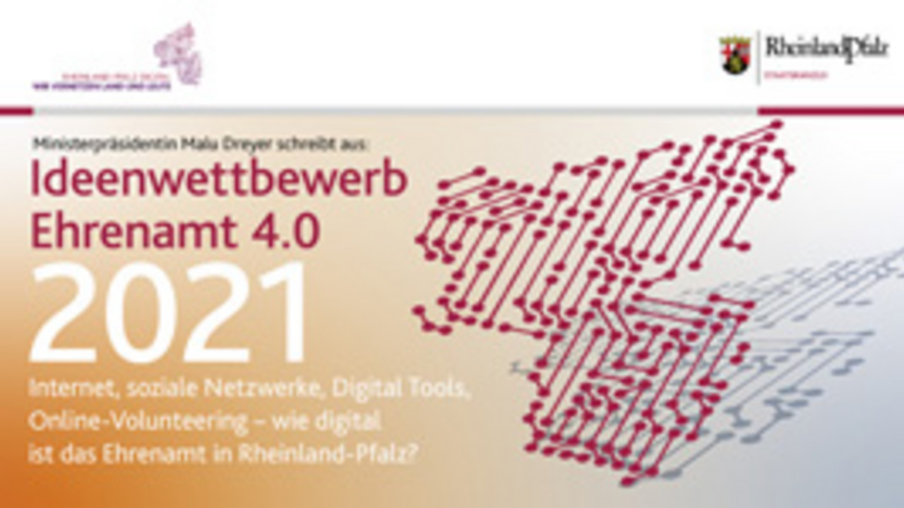 Ministerpräsidentin Malu Dreyer hat bereits zum fünften Mal den Ideenwettbewerb „Ehrenamt 4.0“ ausgeschrieben. Mit der Auszeichnung sollen Organisationen und innovative Projekte sichtbar gemacht werden, die in unterschiedlichen Bereichen ehrenamtlichen Engagements digitale Akzente setzen und kreative Ansätze erproben. 
