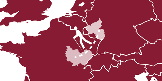 Stilisierte Karte auf der der Weg von Rheinland-Pfalz nach Burgund-Franche-Comté zu sehen ist.