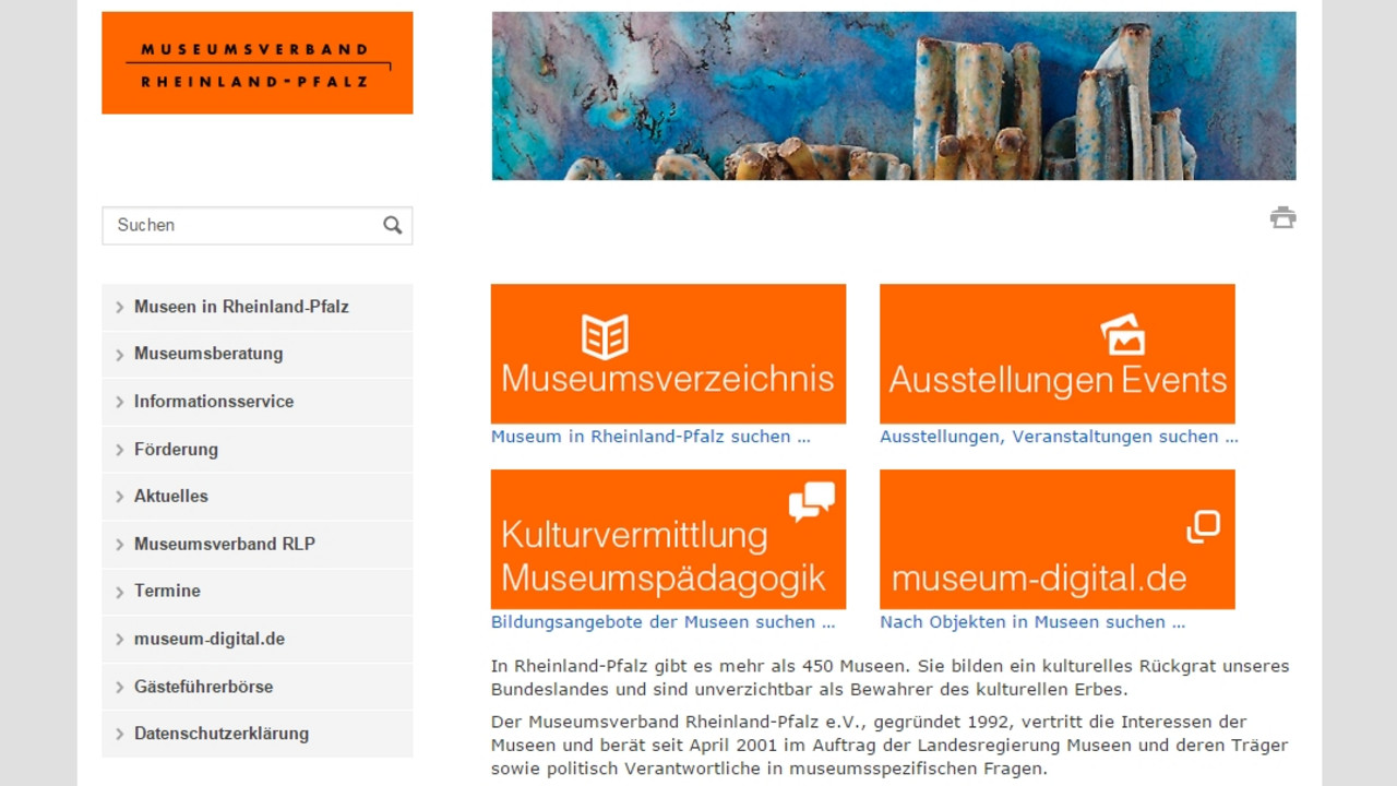 Einstiegs-Internetseite des Museumsverbandes rlp