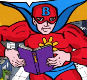 Grafik Batman mit Buch, Ausschnitt vom Flyer