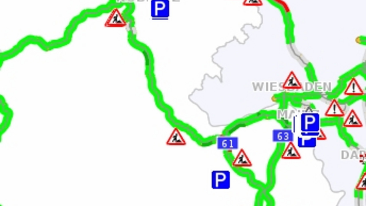 Ausschnitt der Karte mit Verkehrsmeldungen auf dem Mobilitätsportal rlp.