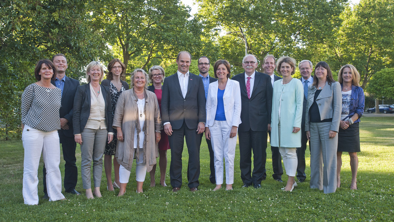 Der Ministerrat gemeinsam mit Prof. Dr. Matthias Kleiner, dem Präsidenten der Leibniz-Gemeinschaft, und Dr. Martin Brudermüller, dem stellvertretenden Vorstandsvorsitzenden der BASF