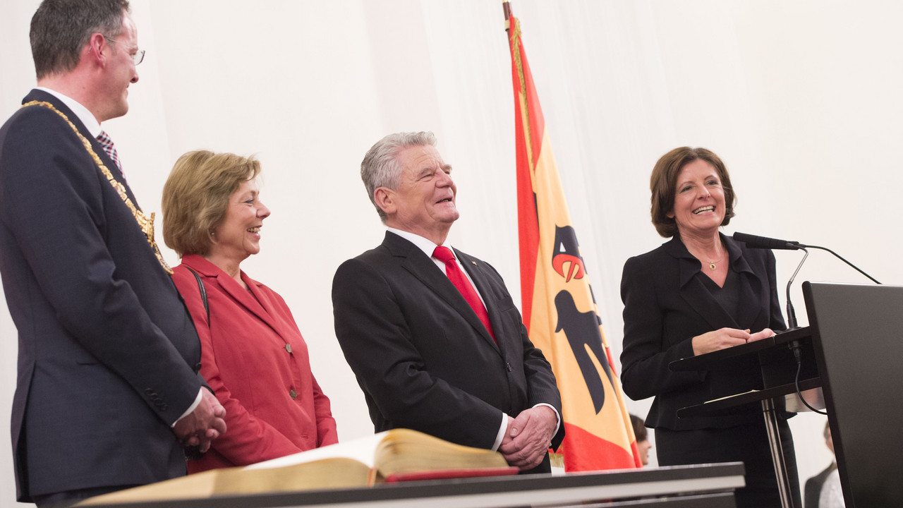 Mainzer Oberbürgermeister Michael Ebling, Daniela Schadt, Bundespräsident Joachim Gauck, Ministerpräsidentin Malu Dreyer (v.l.)