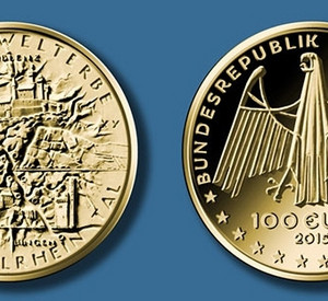 Die neue 100-Euro-Goldmünze mit dem Oberen Mittelrheintal; Bild: mbwwk