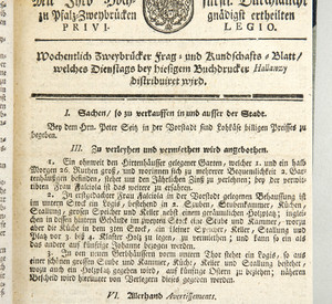 Titelseite des „Wochentlich Zweybrücker Frau: und Kundschafts-Blatt", ein Vorgängerblatt des Pfälzer Merkurs, aufgenommen am 18.12.2012 im Stadtarchiv Zweibrücken. Bild: dpa