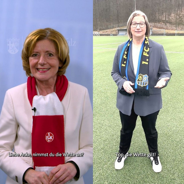 Saumagen-Schwenker-Wette: Ministerpräsidentin Malu Dreyer hat mit Blick auf das Südwestderby im Halbfinale des DFB-Pokals Ministerpräsidentin Anke Rehlinger herausgefordert